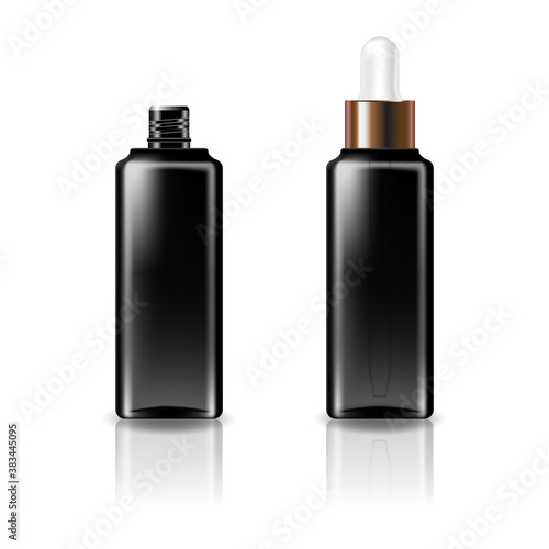 Black clear cosmetic square bottle with white-copper dropper lid for beauty or healthy product.
