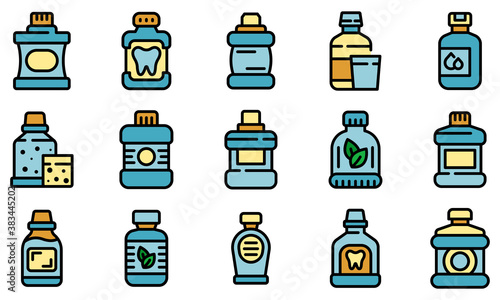 Mouthwash icons set. Outline set of mouthwash vector icons thin line color flat on white