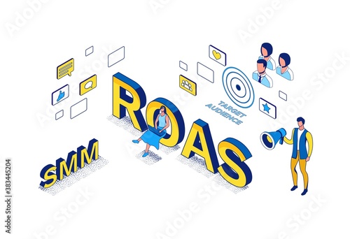 Revenue on ad spend concept, return investment from marketing campaign 3d isometric illustration, business people analyze advertising report, financial success background