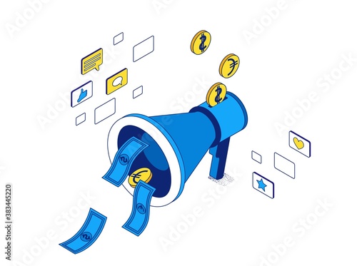 Revenue on ad spend concept, return investment from marketing campaign 3d isometric illustration, business people analyze advertising report, financial success background