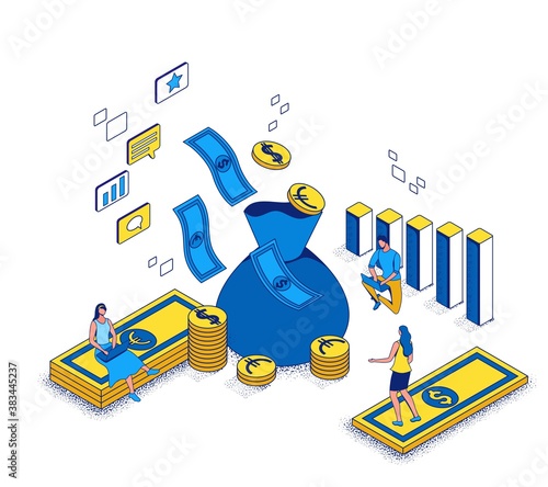 Revenue on ad spend concept, return investment from marketing campaign 3d isometric illustration, business people analyze advertising report, financial success background
