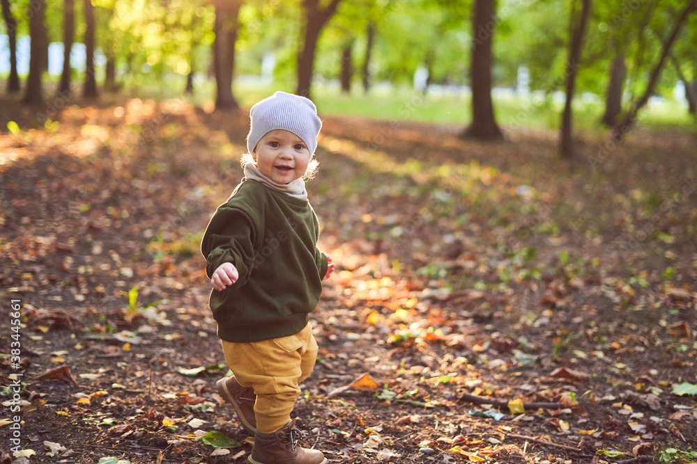 one and a half year old child running in the park in autumn one and a half year old child running in the park in autumn