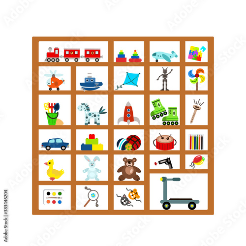 Set of children's toys (steam locomotive, pyrarida, plane, puzzle, helicopter, ship, flying kite, robot, spinner, bucket, horse, rocket, rollers, pipe, machine, constructor, ball, drum, pencils).