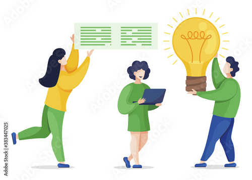 Businesswomen doing new financial start up idea. Man stand and hold light bulb. Tools and innovations for startups, business growth. Vector illustration of teamwork in flat style