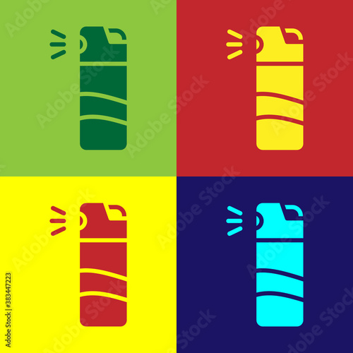 Pop art Pepper spray icon isolated on color background. OC gas. Capsicum self defense aerosol. Vector.