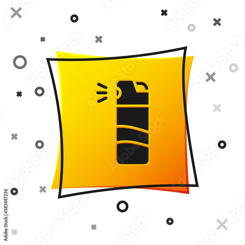 Black Pepper spray icon isolated on white background. OC gas. Capsicum self defense aerosol. Yellow square button. Vector.