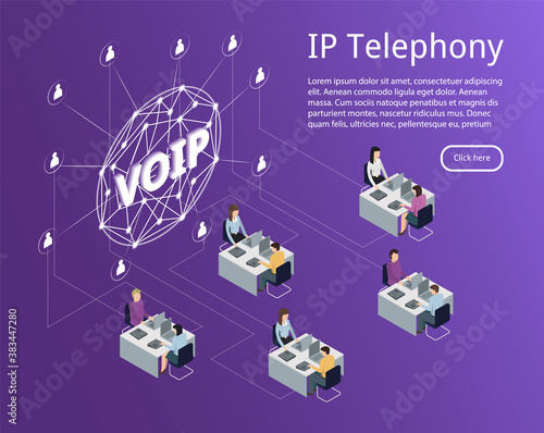 IP telephony configuration diagram in isometric view. An IP Company Website Page Template Demonstrating the Possibility of IP Telephony for Business - Calls from Anywhere and to anywhere in the World