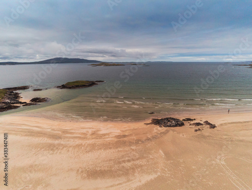 Aerial drone view on Silver strand beach in county Mayo  Ireland. Long sandy beach with beautiful views and peaceful atmosphere.
