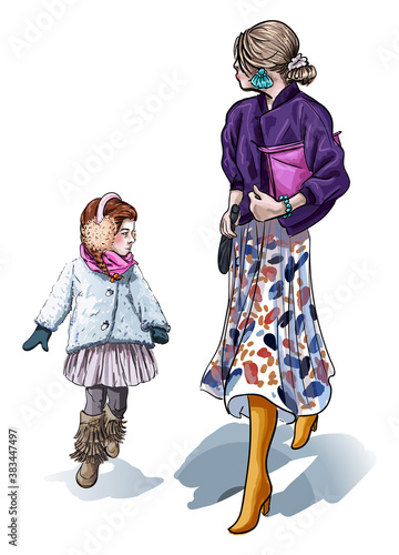 Stylish woman and kid walking at street. Isolated mother and daughter wearing fashionable clothes. Mom and girl caring for style and look. Outwear of family members, mum and kiddo, vector illustration