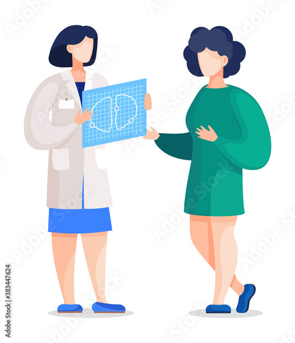 Woman with mri scan, doctor and patient isolated. Vector illustration of computed tomography examination image and ill person, doctor woman with mri scan telling patient about problems with health