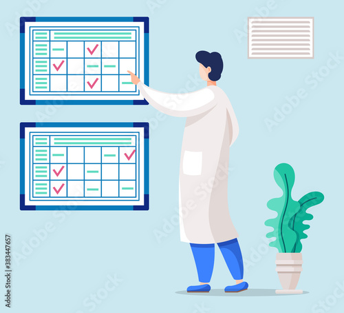 Man in lab coat, checking results at table. Vector graphs filled by check marks, positive or negative results. Effective time management, working process organization, doctor in room with plant