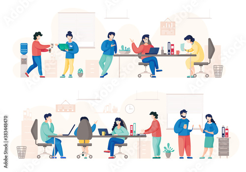 People working in office talking to colleagues. Man and woman discussing work on coffee break. Colleagues or clerks communicating at working place. Workplace with computers vector illustration in flat