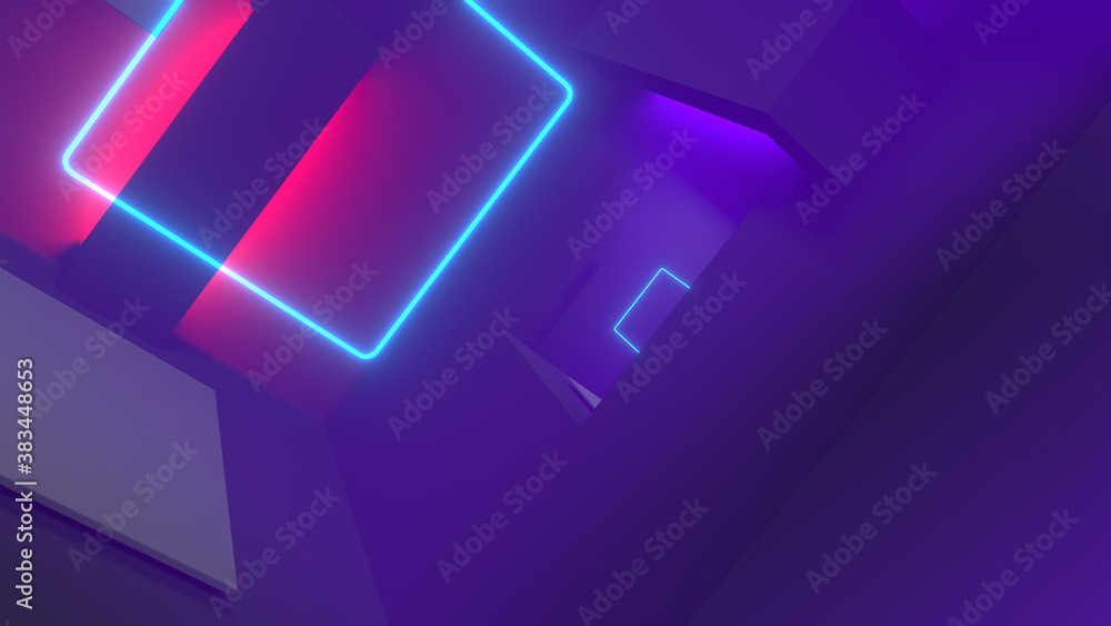 Abstract room interior with volumetric red and blue lights and glowing neon squares. Abstract room interior with volumetric red and blue lights and glowing neon squares.