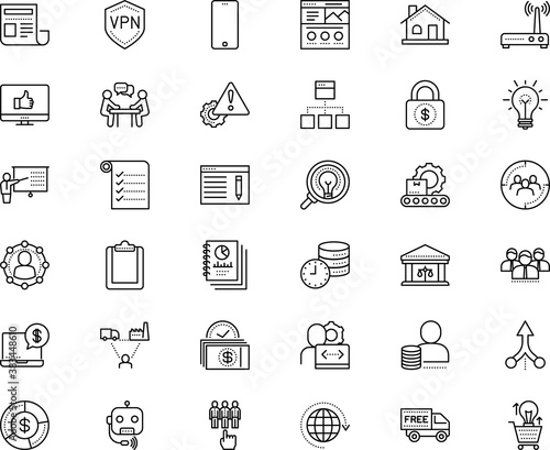 business vector icon set such as: diversification, software, interview, webpage, check, clipboard, invoice, house, results, sitemap, world, machinery, moving, museum, shipment, modem, roof, robot