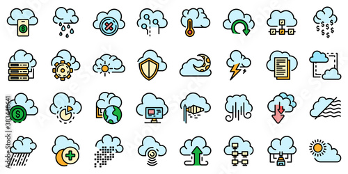 Cloud icons set. Outline set of cloud vector icons thin line color flat on white