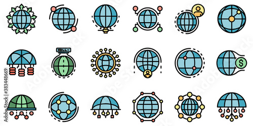 Global network icons set. Outline set of global network vector icons thin line color flat on white