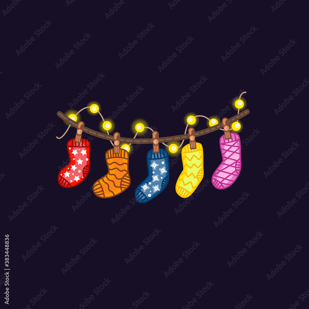 Christmas socks for gifts and a garland. Vector illustration.