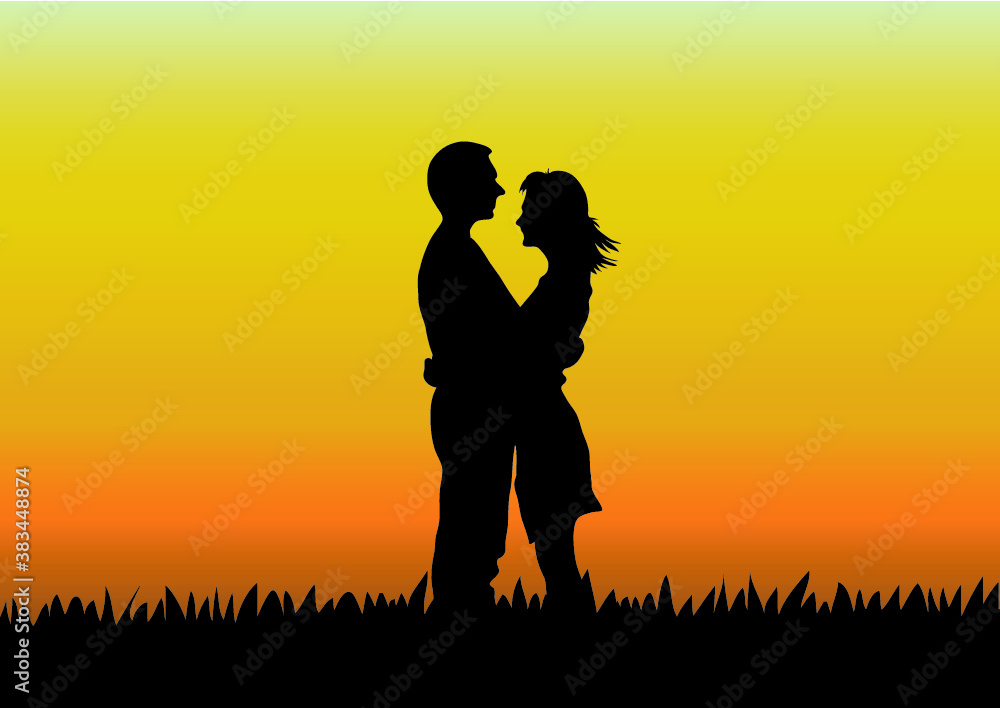 Expressing the love of two people who love each other on the grass with the golden sky at sunset.