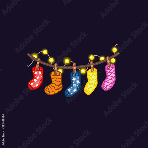 Christmas socks for gifts and a garland. Vector illustration. © Анастасия Вердиева