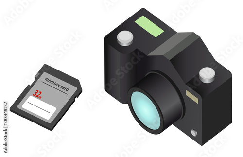 digital single-lens reflex camera DSLR and memory card vector isometric illustration isolated on white