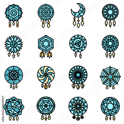 Dream catcher icons set. Outline set of dream catcher vector icons thin line color flat on white