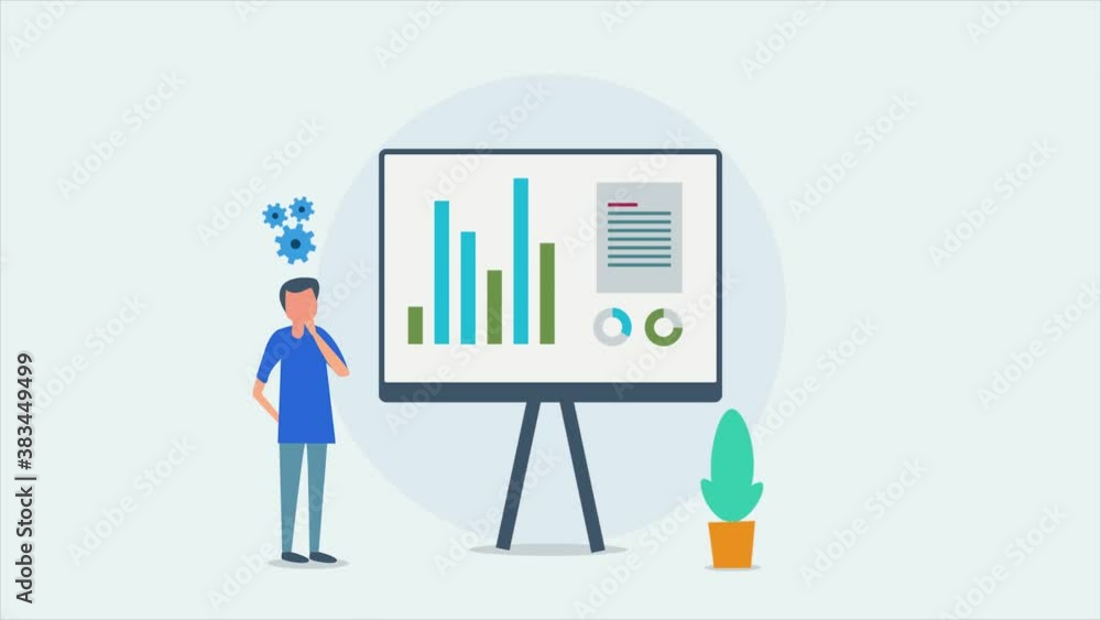 Problem solving. Businessman thinking about business, finance, sales and start-up. Analysing data , business intelligence. Thinking and brainstorming, idea process and solution concept. 2d animation. Problem solving. Businessman thinking about business, finance, sales and start-up. Analysing data , business intelligence. Thinking and brainstorming, idea process and solution concept. 2d animation.