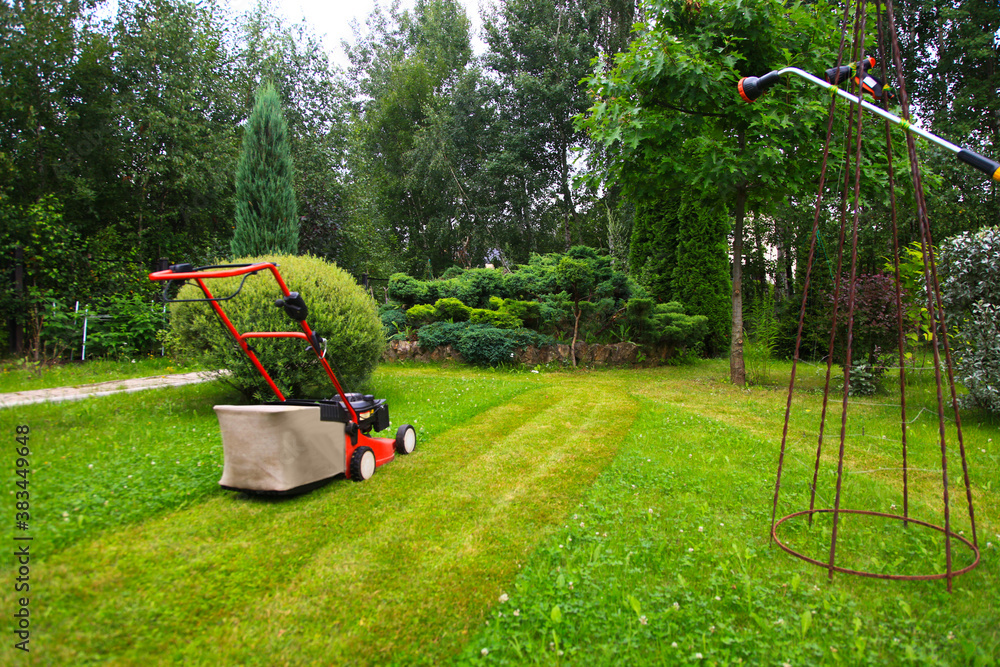 Fototapeta premium Blurred background of the home garden and lawn mower on mown grass.