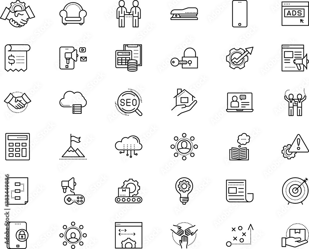 Fototapeta premium business vector icon set such as: player, games, wealth, quality, post, receipt, software, cushion, cogwheel, technical, relation, dart, library, computer-based training, invoicing, locker, light