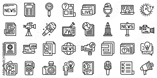 Reportage icons set. Outline set of reportage vector icons for web design isolated on white background