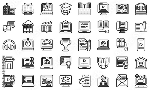 Distance education icons set. Outline set of distance education vector icons for web design isolated on white background