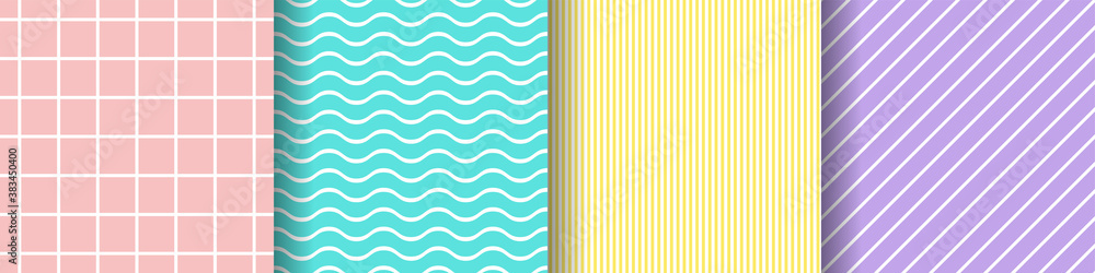 Set of striped neutral patterns. Delicate pastel yellow, pink, blue, lilac backgrounds with white stripes. Light bubble gum waves, cells, diagonal, vertical lines. Collection of vector illustration Set of striped neutral patterns. Delicate pastel yellow, pink, blue, lilac backgrounds with white stripes. Light bubble gum waves, cells, diagonal, vertical lines. Collection of vector illustration