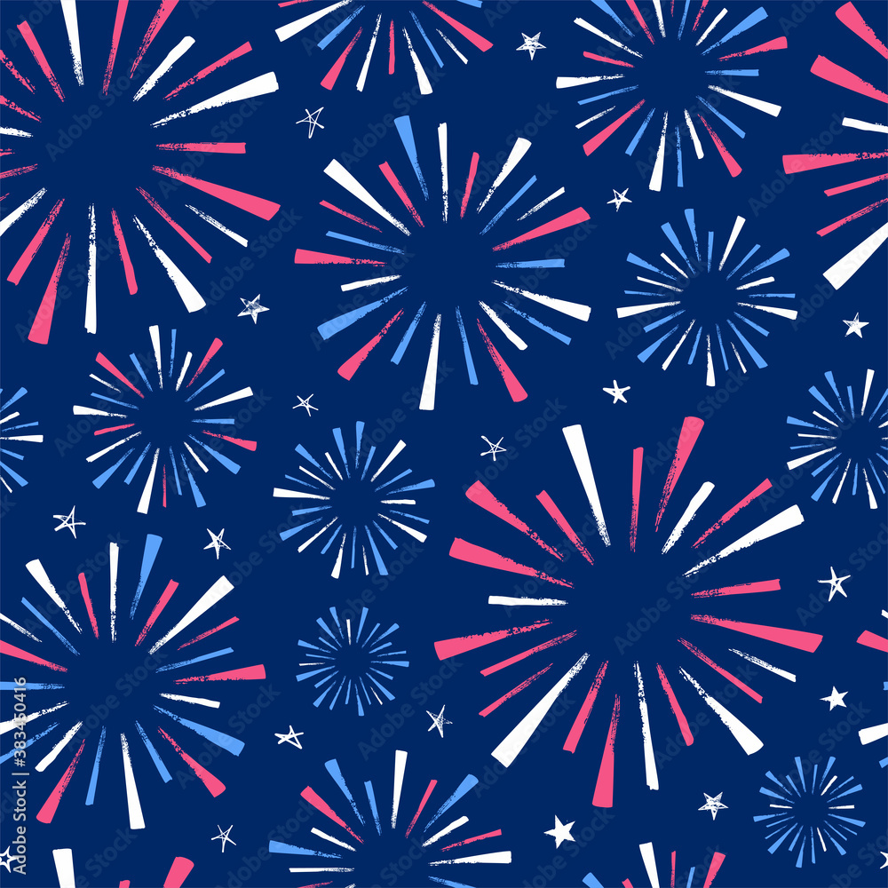 4th of July seamless pattern with fireworks isolated on blue background. Hand drawn illustration. 