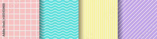 Set of striped neutral patterns. Delicate pastel yellow, pink, blue, lilac backgrounds with white stripes. Light bubble gum waves, cells, diagonal, vertical lines. Collection of vector illustration