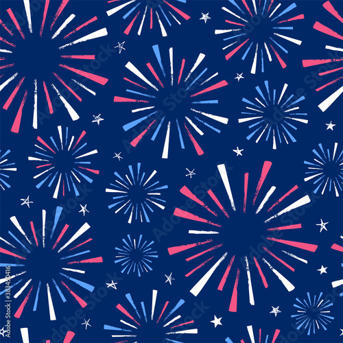 4th of July seamless pattern with fireworks isolated on blue background. Hand drawn illustration. 