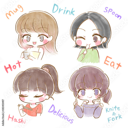 Fototapeta Naklejka Na Ścianę i Meble -  美食を楽しむ女の子セット