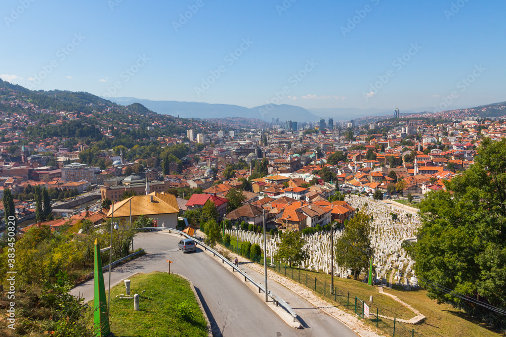 Panoramic view of the city of Sarajevo from the top of the hill. Bosnia and Herzegovina