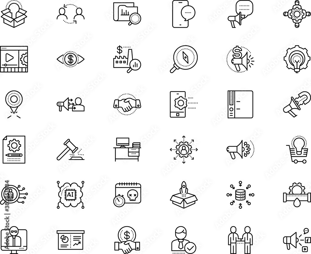 Fototapeta premium business vector icon set such as: ecommerce, profit, send, yes, planning report, wind, loudspeaker, interface, binder, hammer, together, choose, filter, force, journey, date, advert, loud hailer