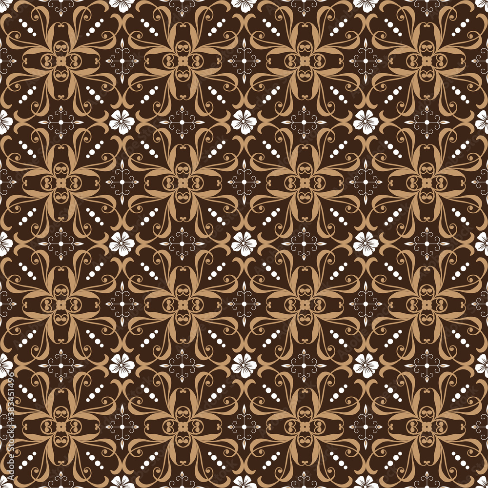Beautiful flower pattern on Jogja batik with elegant blend brown and golden color design.