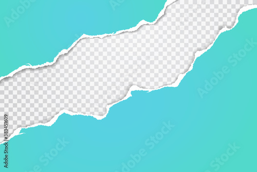 Torn of turquoise paper strips, pieces are on squared, transparent background for text, advertising or design. Vector illustration