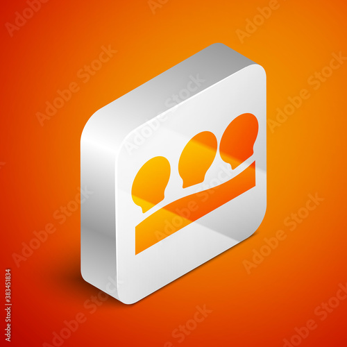 Isometric Vacuum cans icon isolated on orange background. Massage jars for face and body. Medical anticellulite cups. Silver square button. Vector.