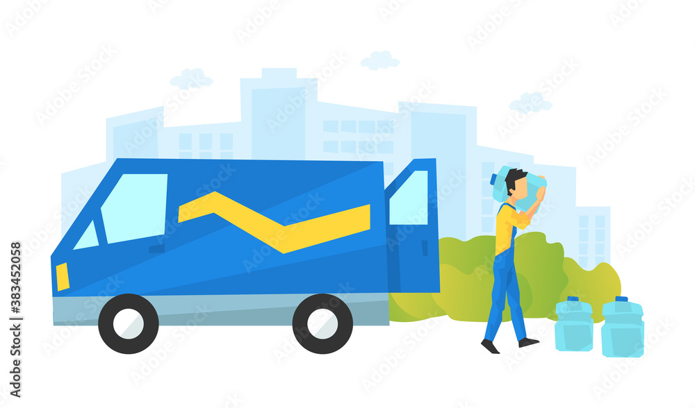 Male Courier Delivering Water Bottles, Delivery Service, E-commerce Concept Vector Illustration Male Courier Delivering Water Bottles, Delivery Service, E-commerce Concept Vector Illustration