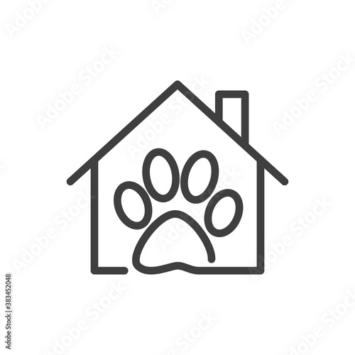 Cuidado de mascotas. Logotipo lineal zarpa de gato en casa en color gris