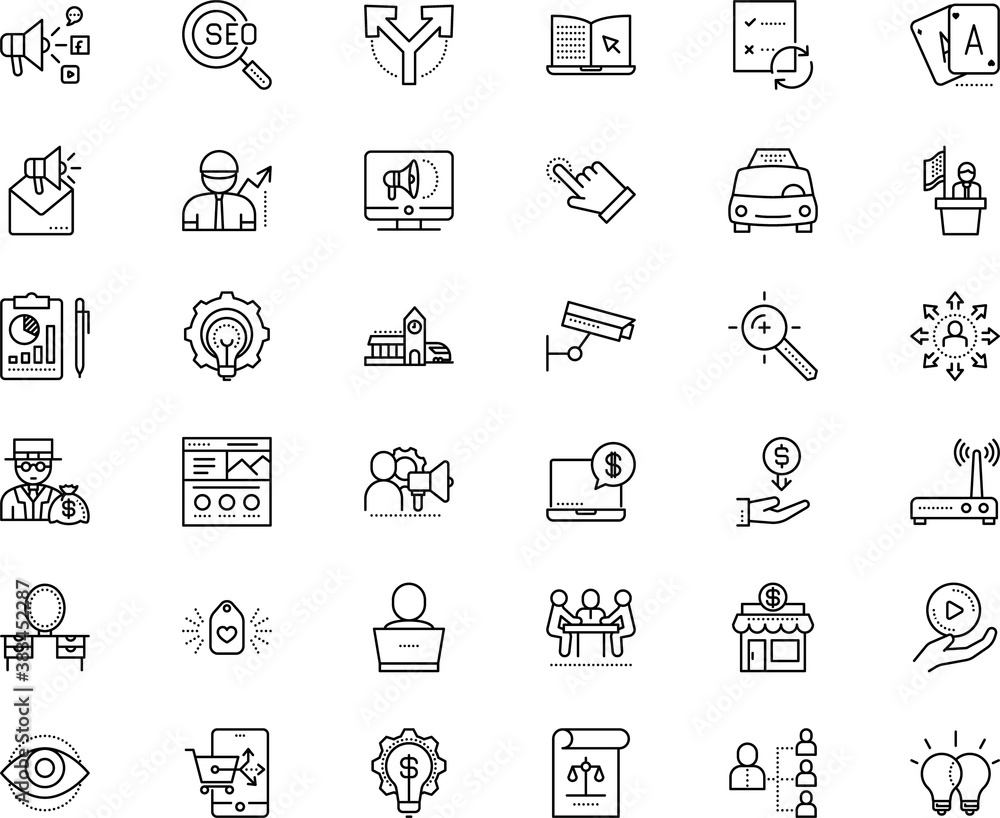 Fototapeta premium business vector icon set such as: keyword targeting, advancement, investigation, dresser, intelligence, platform, interior, explorer, rounded, pointer, landing, machine, journey, broadband, isometric