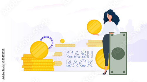 The girl is holding a dollar. Cashback lettering isolated on white background. Golden coins. Composition on the theme of money back and cashback. Vector.
