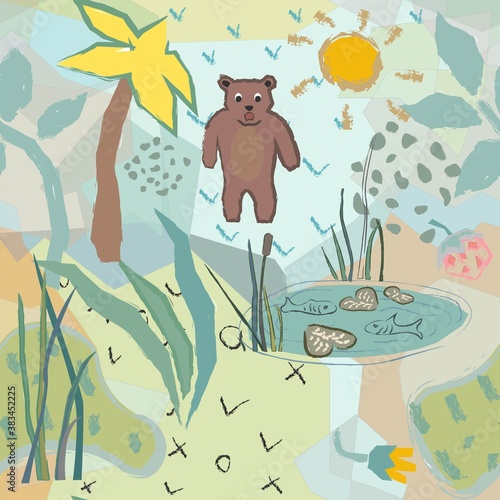 Cute Seamless Pattern with funny bear and fish pond. Unique Childish Design.