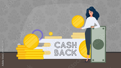 The girl is holding a dollar. Cashback lettering isolated on white background. Golden coins. Composition on the theme of money back and cashback. Vector.