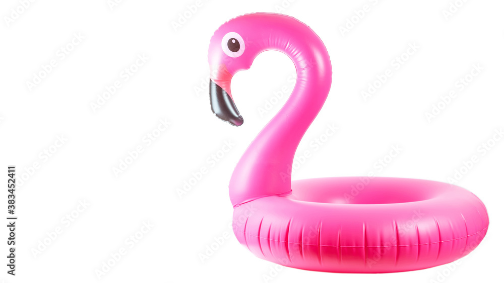 Fototapeta Summer fun beach. Pink pool inflatable flamingo for summer beach isolated on white background. Funny bird toy for kids.