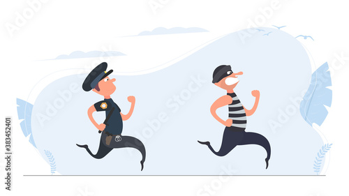 A policeman runs after a thief. The criminal escapes from the policeman.  Cartoon style. Vector.