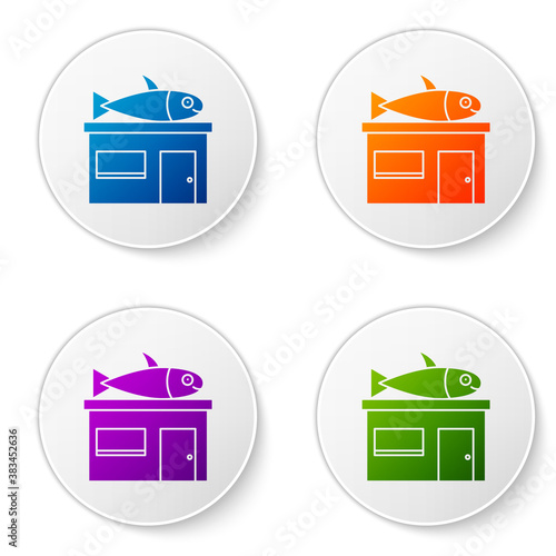 Color Seafood store icon isolated on white background. Facade of seafood market. Set icons in circle buttons. Vector..