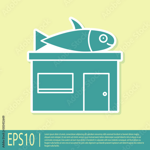 Green Seafood store icon isolated on yellow background. Facade of seafood market. Vector..